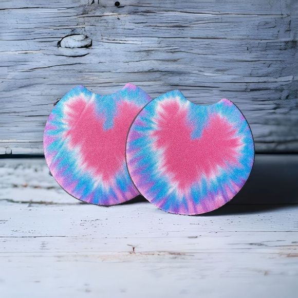 Tie Dye Heart Car Coaster Set - Picture 2 of 8